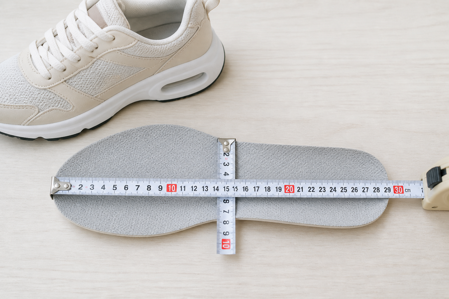 スニーカーのインソールを取り出し足の長さと幅をメジャーで測定している場面