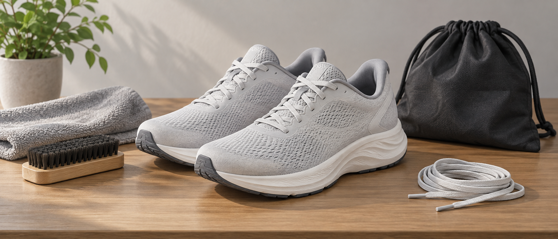 ライトグレーのランニングシューズと手入れ用品のイメージ