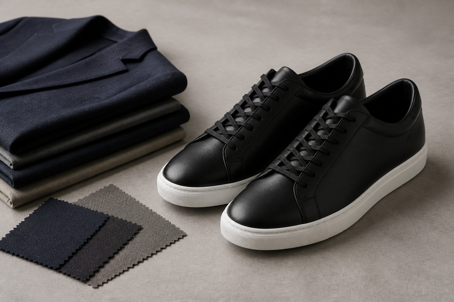 無地の黒いスニーカー、畳んだ服、生地見本の編集イメージ。Cole Haanの実物や公式の組み合わせを示す写真ではありません。