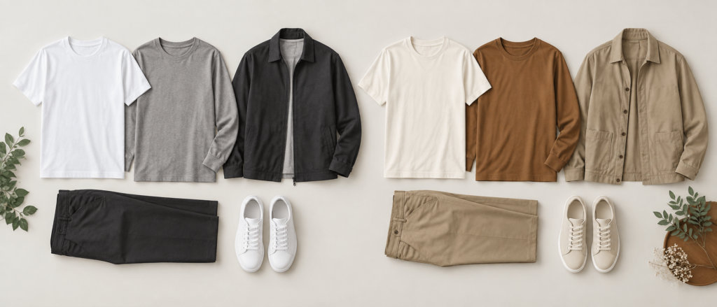 コンバースのロゴ入りTシャツとスニーカーがシンプルに並べられた清潔感のある平置きのカット