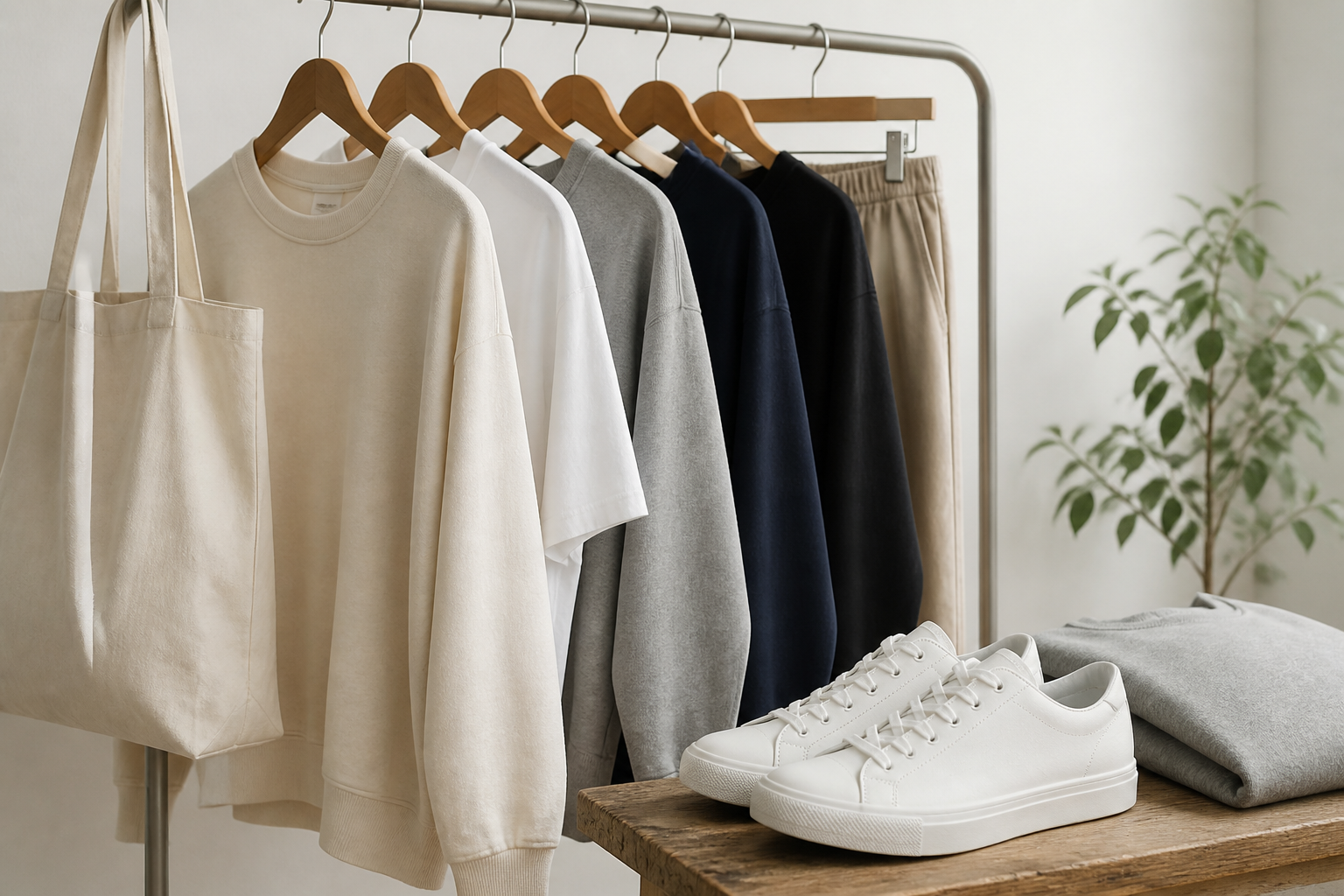 ベーシックなコンバースの服とスニーカーを組み合わせたハンガーラックのディスプレイ