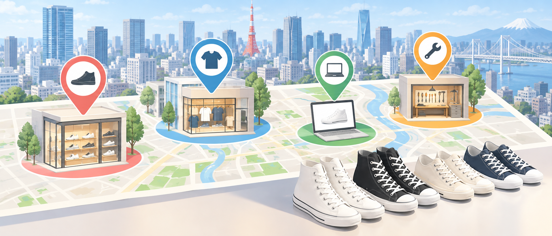 東京の街並みとキャンバススニーカーを組み合わせたイメージ