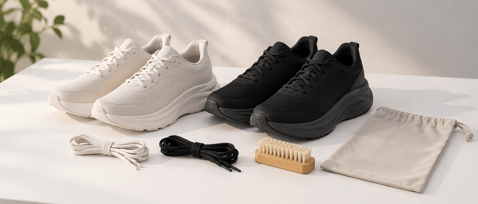 無地の白と黒の靴、靴紐、ブラシ、袋の編集イメージ。HOKAの実物・付属品や幅展開を示す写真ではありません。