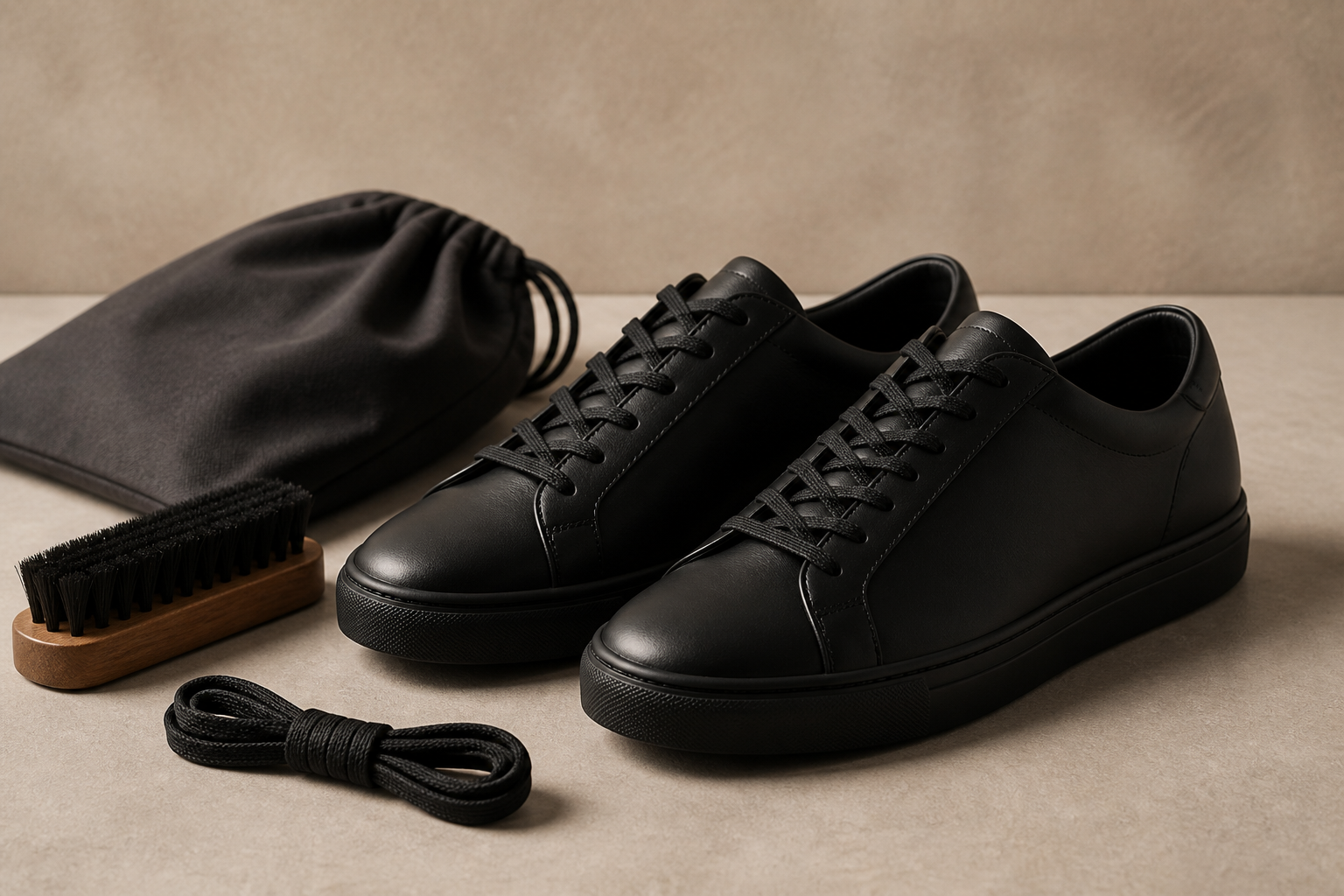 無地の黒い靴、ブラシ、靴紐、袋の編集イメージ。HOKAの実物やサイズの測定・試着結果を示す写真ではありません。