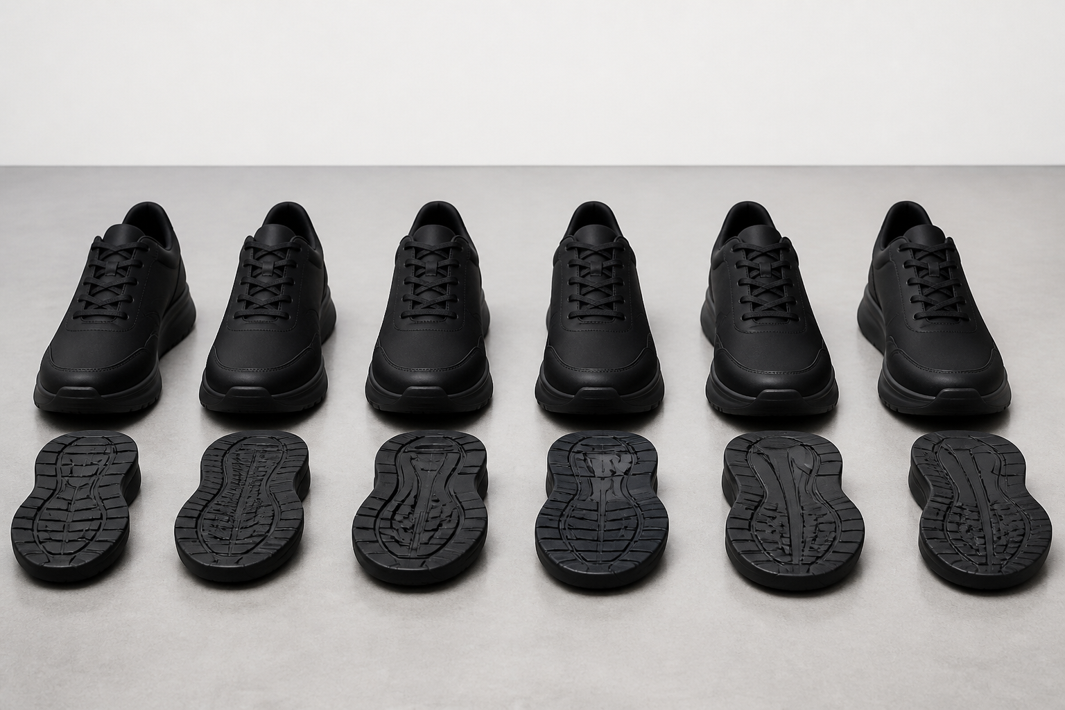 HOKAのスニーカーのソール構造と幅タイプの違いを横並びで比較・確認しているフィッティング作業の様子