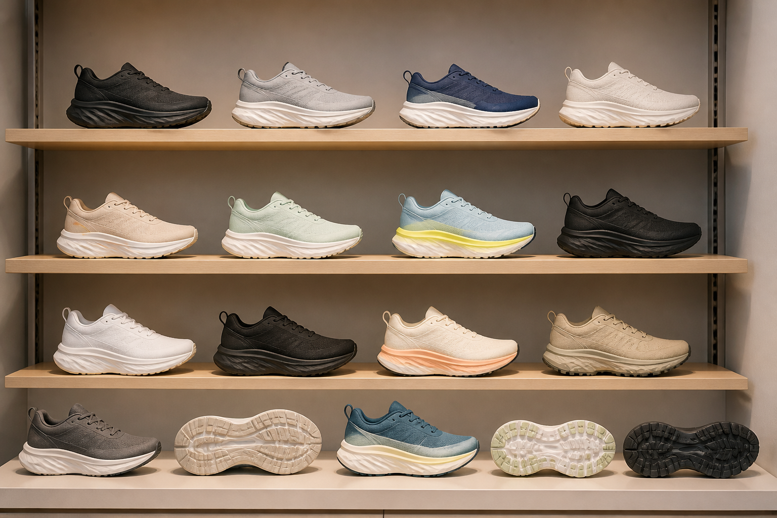 CliftonやBondiなどのHOKA主要モデルがディスプレイされ用途やソール形状の違いがわかるショップの棚