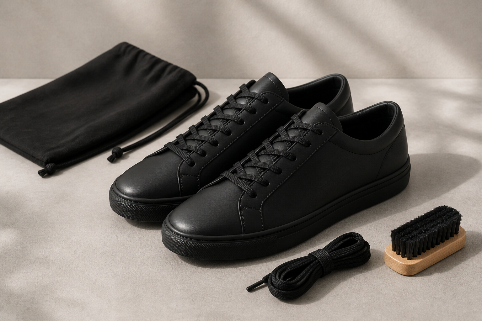 黒い無地のスニーカー、靴紐、ブラシ、収納袋のイメージ（PUMA製品・木型比較ではありません）