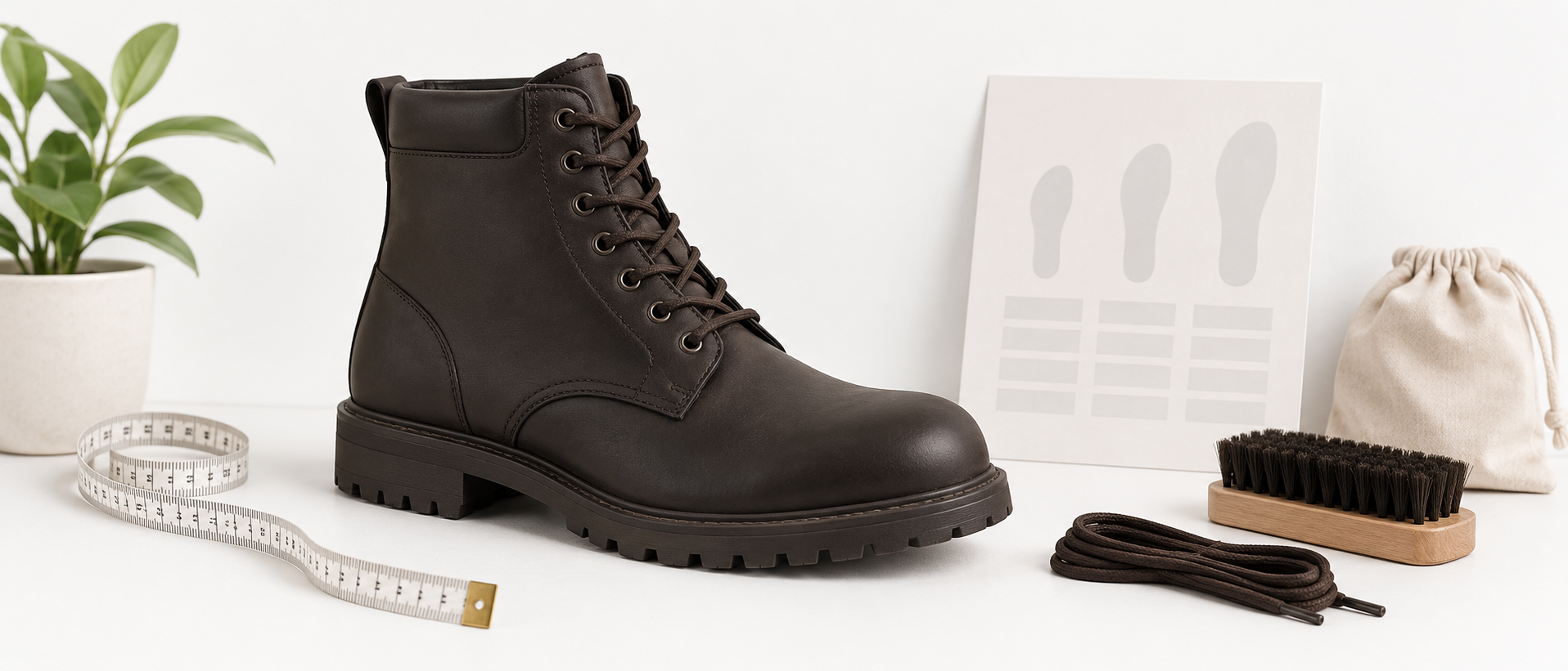 無地のワークブーツと測定用小物の編集イメージ。Timberlandの実物や公式サイズ表、実測結果を示す写真ではありません。
