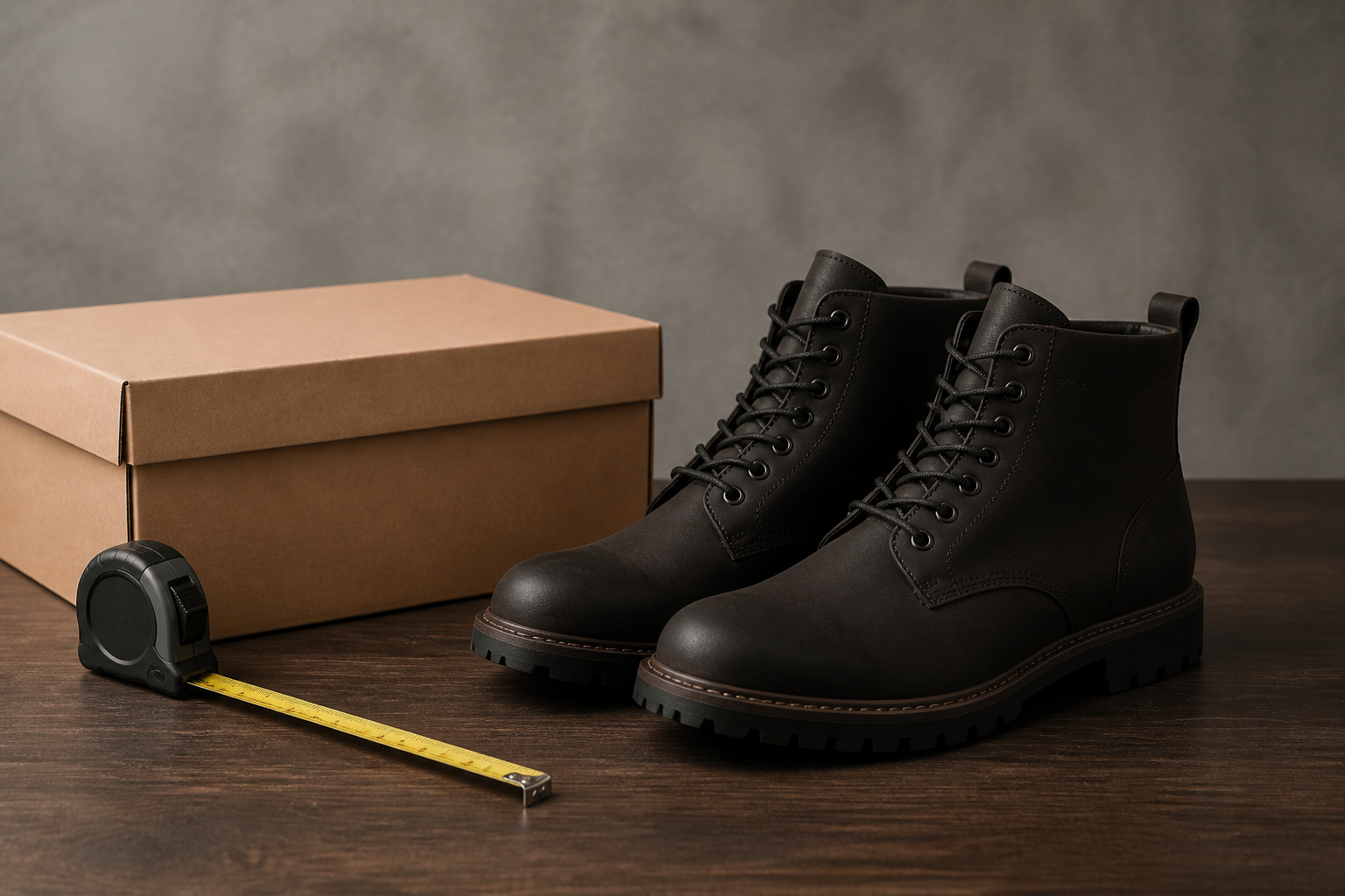 無地のワークブーツと測定用小物の編集イメージ。Timberlandの実物や公式サイズ表、実測結果を示す写真ではありません。