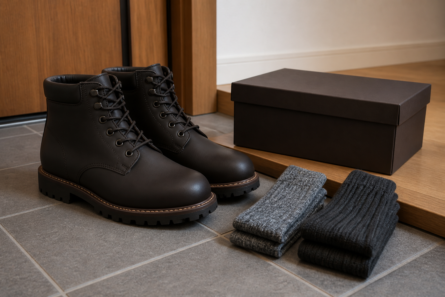 無地のワークブーツと試着用小物の編集イメージ。Timberlandの実物や適合サイズを示す写真ではありません。