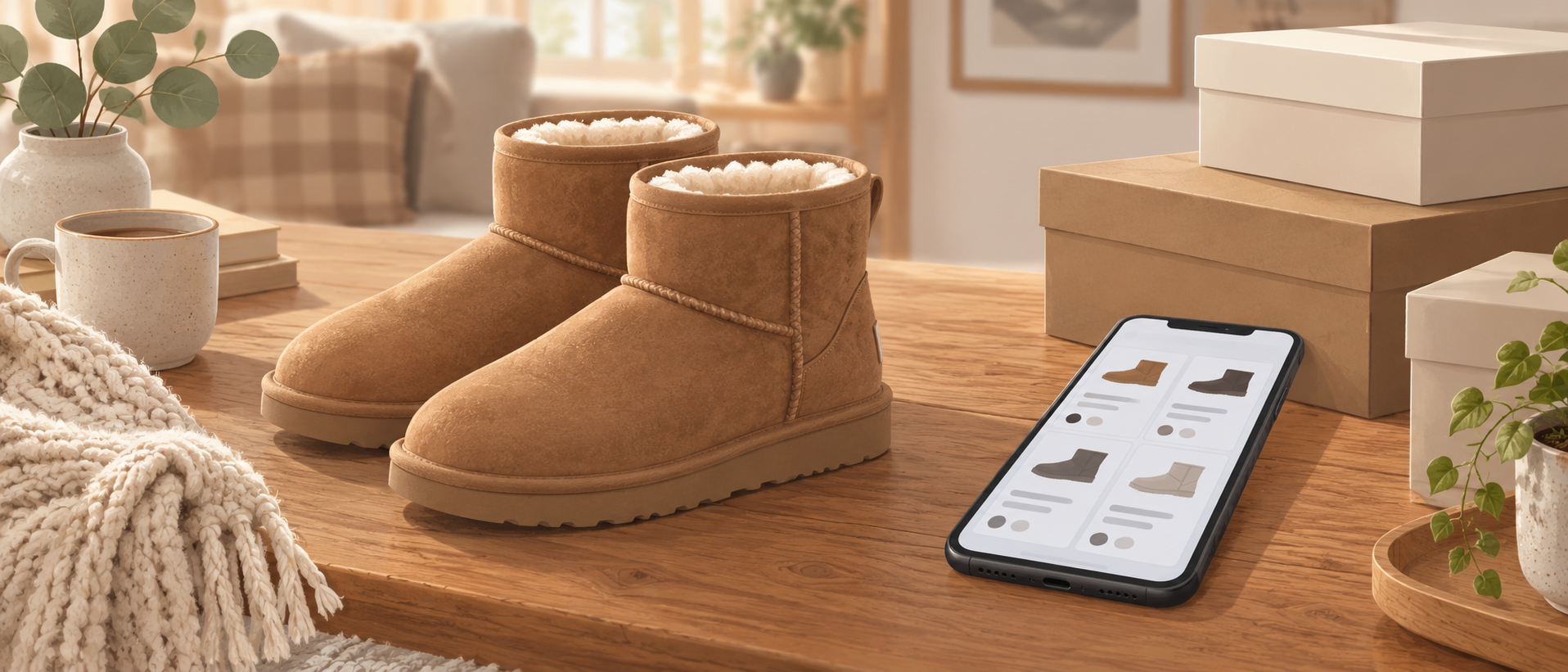 室内の無地のショートブーツと通販画面の編集イメージ。UGG 1116109の実物や販売条件を示す写真ではありません。
