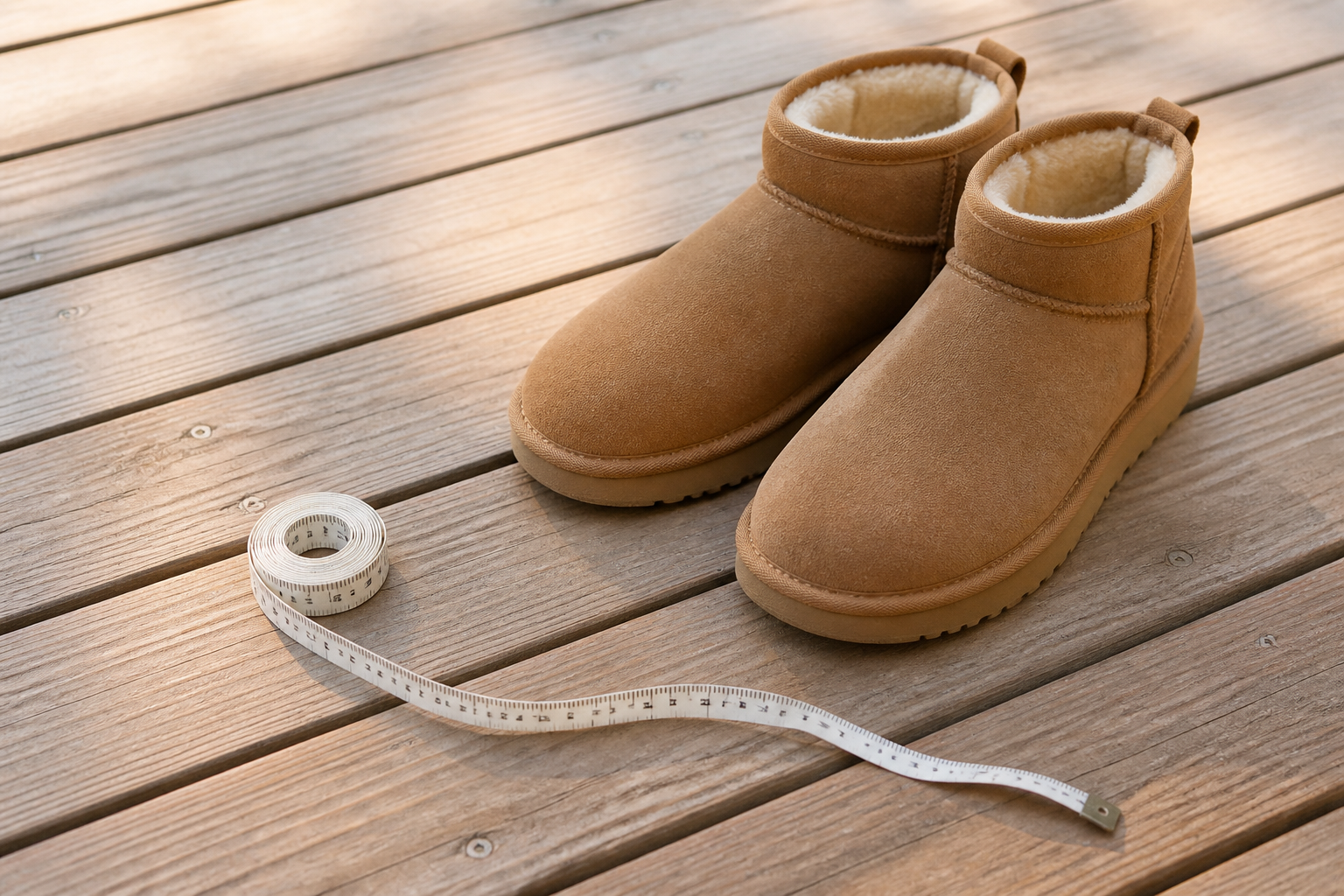 無地のショートブーツとメジャーの編集イメージ。UGG 1116109の実物・寸法や試着結果を示す写真ではありません。