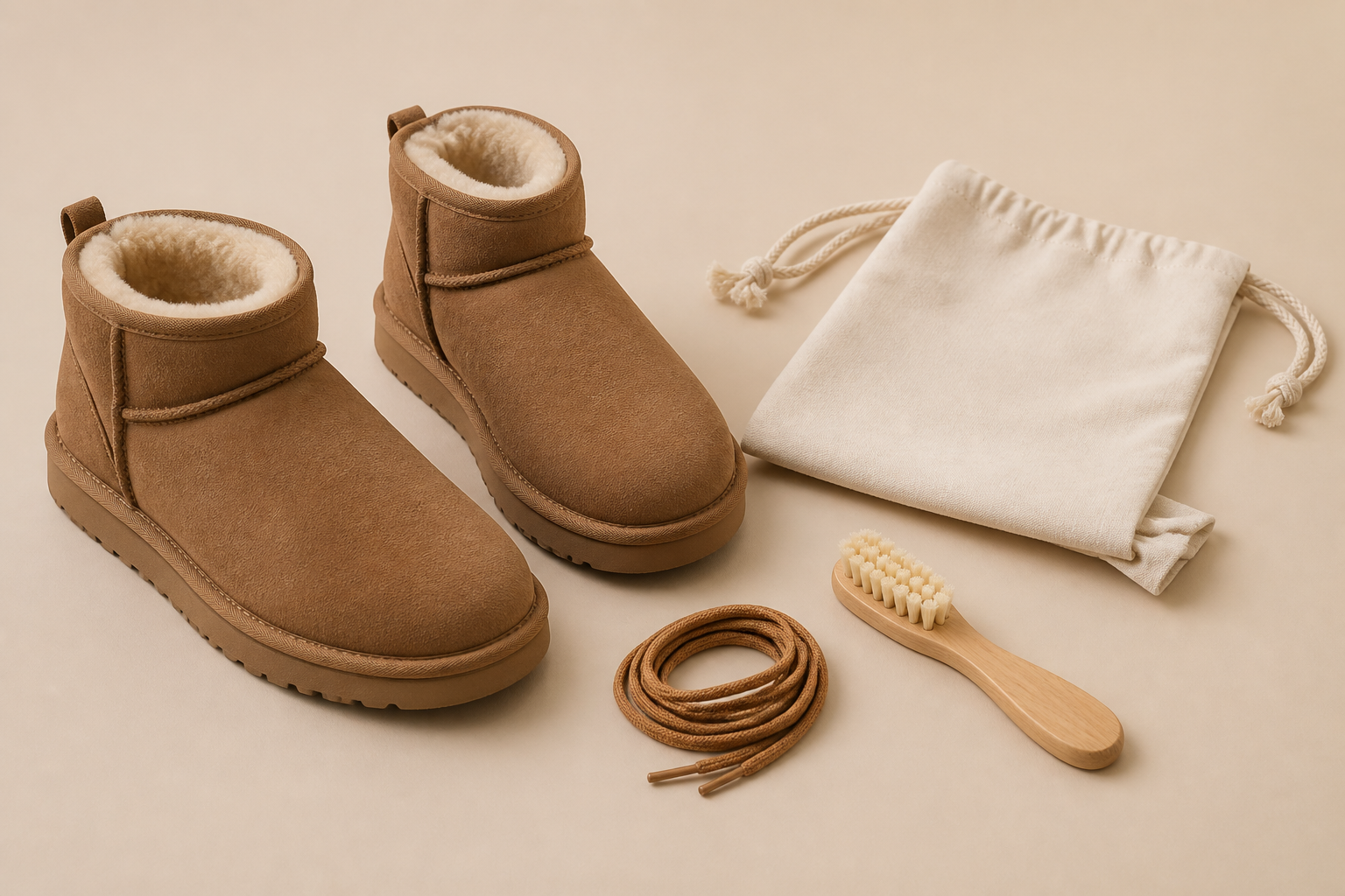 無地のショートブーツと小物の編集イメージ。UGGの付属品や推奨する手入れ方法を示す写真ではありません。