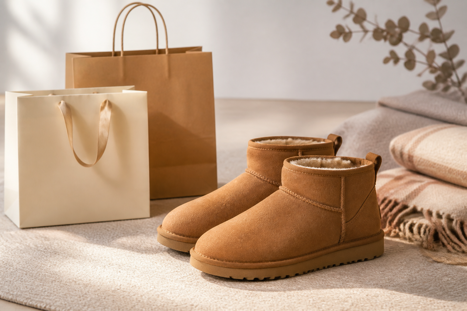 室内の無地のショートブーツと買い物袋の編集イメージ。UGGの実物・着用効果・販売内容を示す写真ではありません。